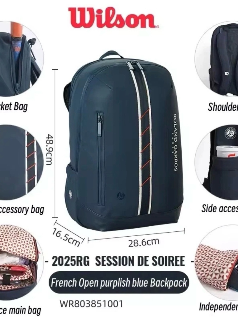 WILSON Roland Garros 2025 French Open Tennis Backpack, Dark Blue, Brand New - Picture 2 of 14